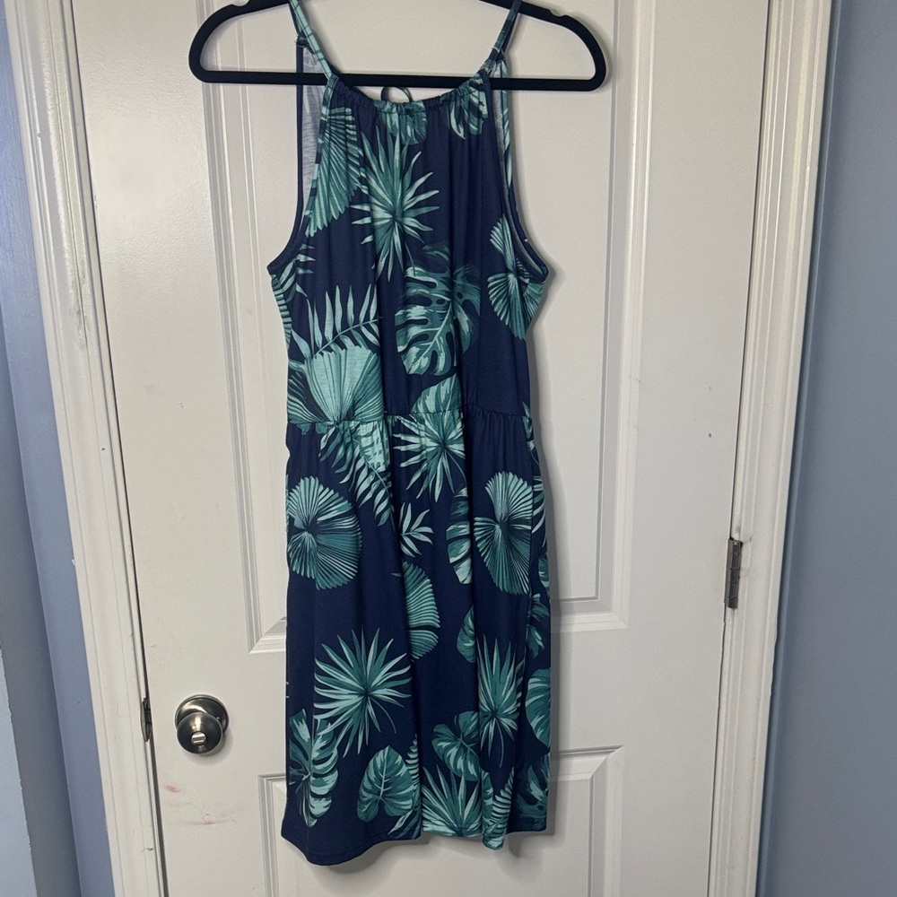 Elegant Leaf Print Navy and Green Midi Dress